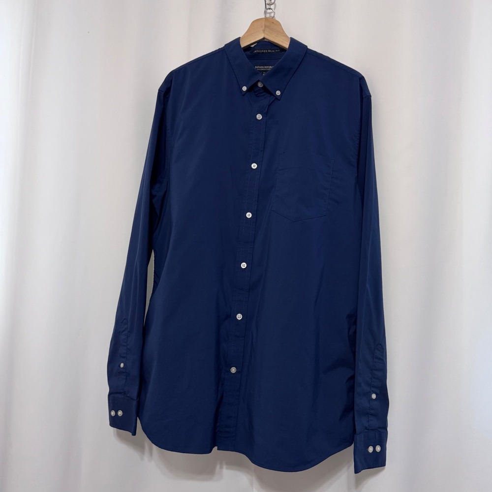 Banana Republic Untucked Slim Fit Tech Stretch Cotton Shirt Navy Blue XL Tall